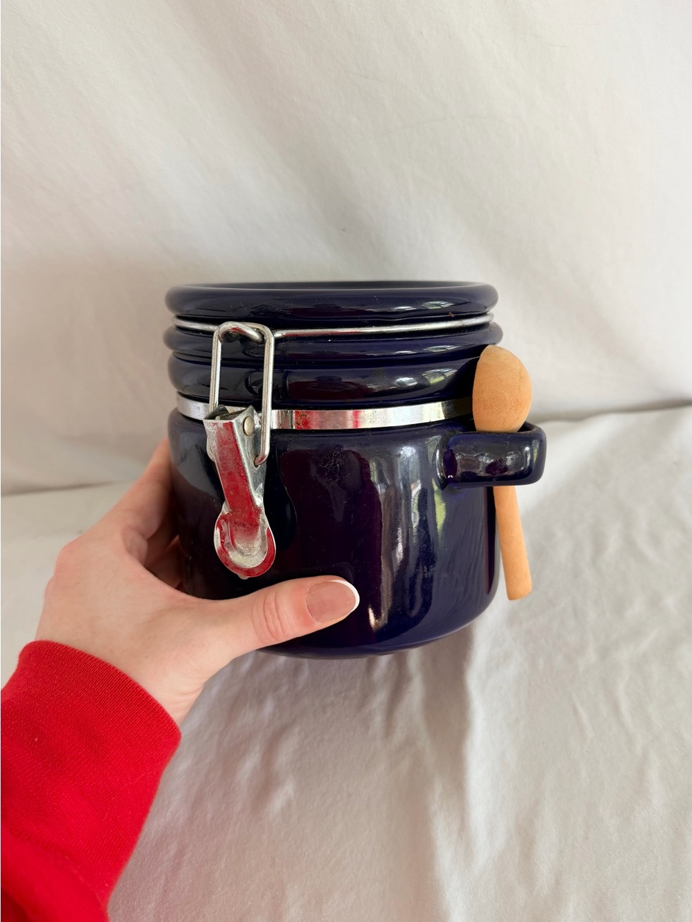 Deep Navy Ceramic Storage Jar with Wooden Spoon